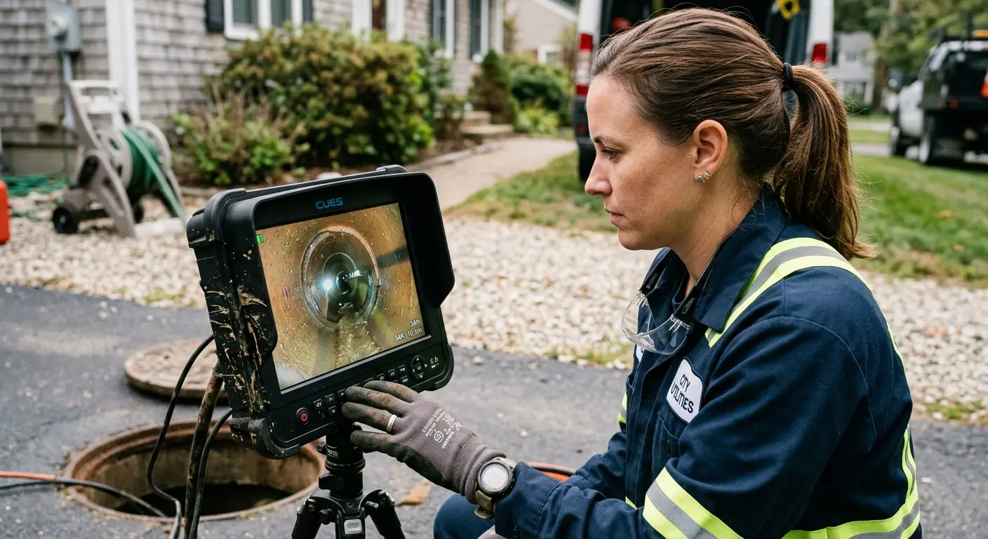 Technician reviewing sewer camera inspection footage in Murrysville