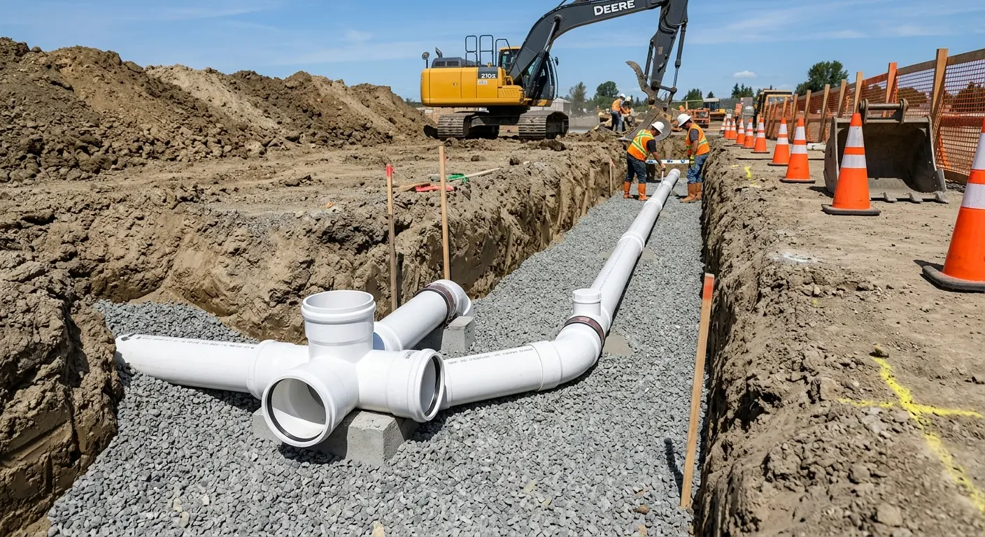 New PVC sewer pipe installation in open trench for Commercial Drain Cleaning in Murrysville