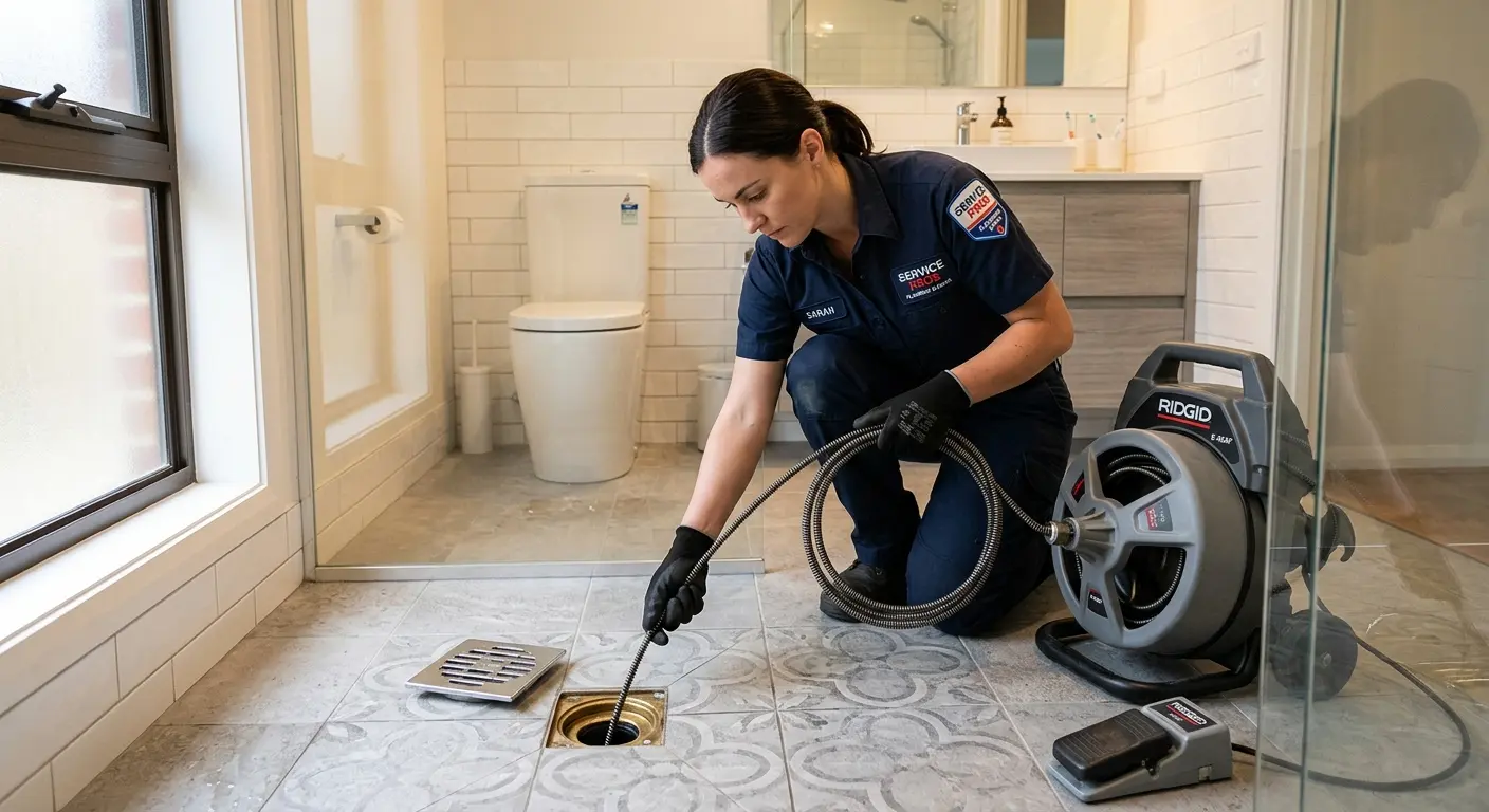 Technician clearing a bathroom floor drain for Clogged Drain Repair in Murrysville